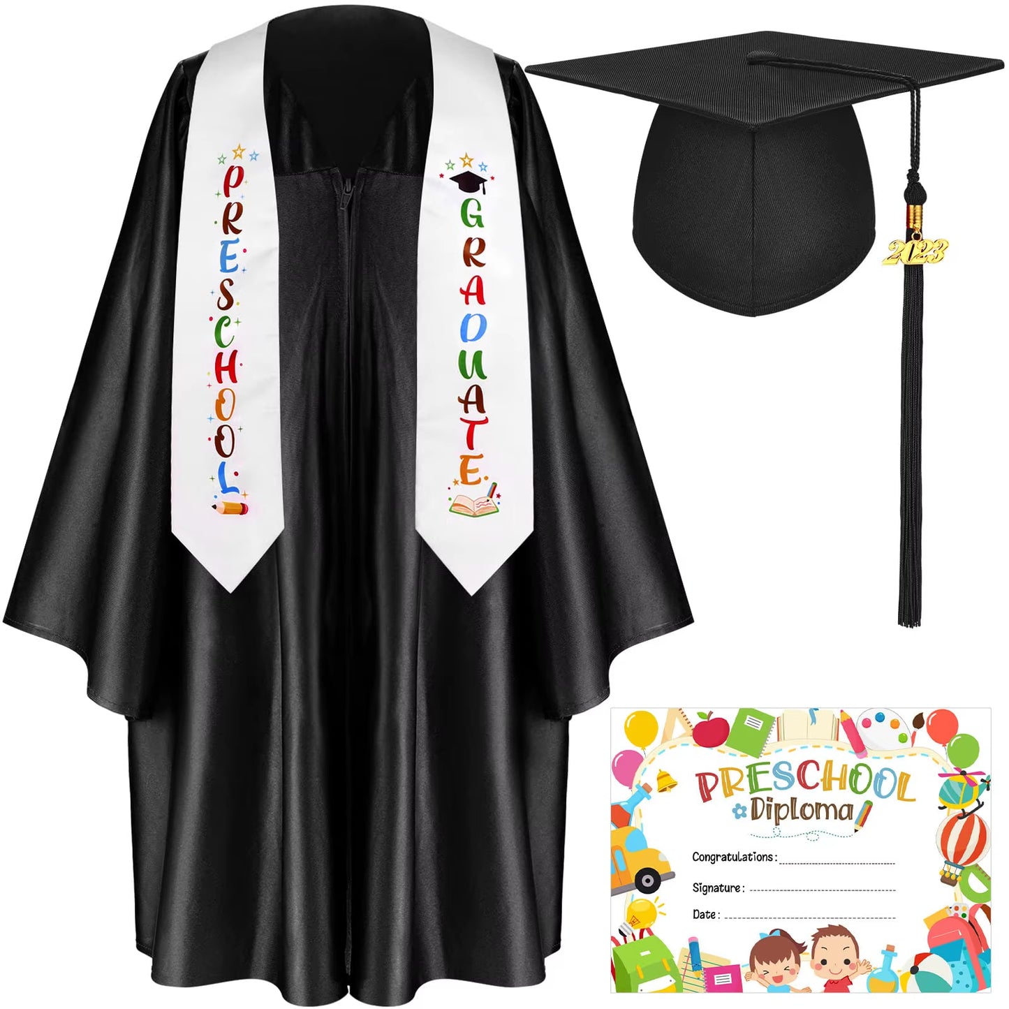 Kindergarten Graduation Cap Gown Stole Package Graduation Gown Preschool Red with 2024 Tassel Kids Woven 100% Polyester Adults